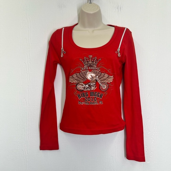 Biker Design - 2010 Bike Week Daytona Beach Florida Red Zipper Long Sleeve Top S - Picture 2 of 10